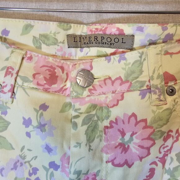Liverpool Jeans Lemon Creme Yellow Floral Slim Fit Ankle Length Size 10 - Picture 3 of 10